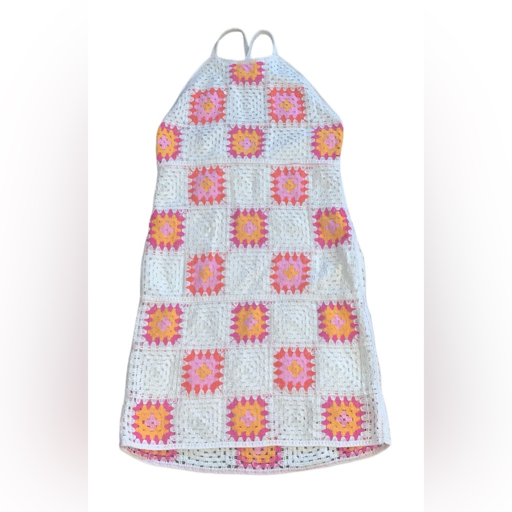 Stradivarius Patchwork Crochet Mini Dress in Ecru Size Small